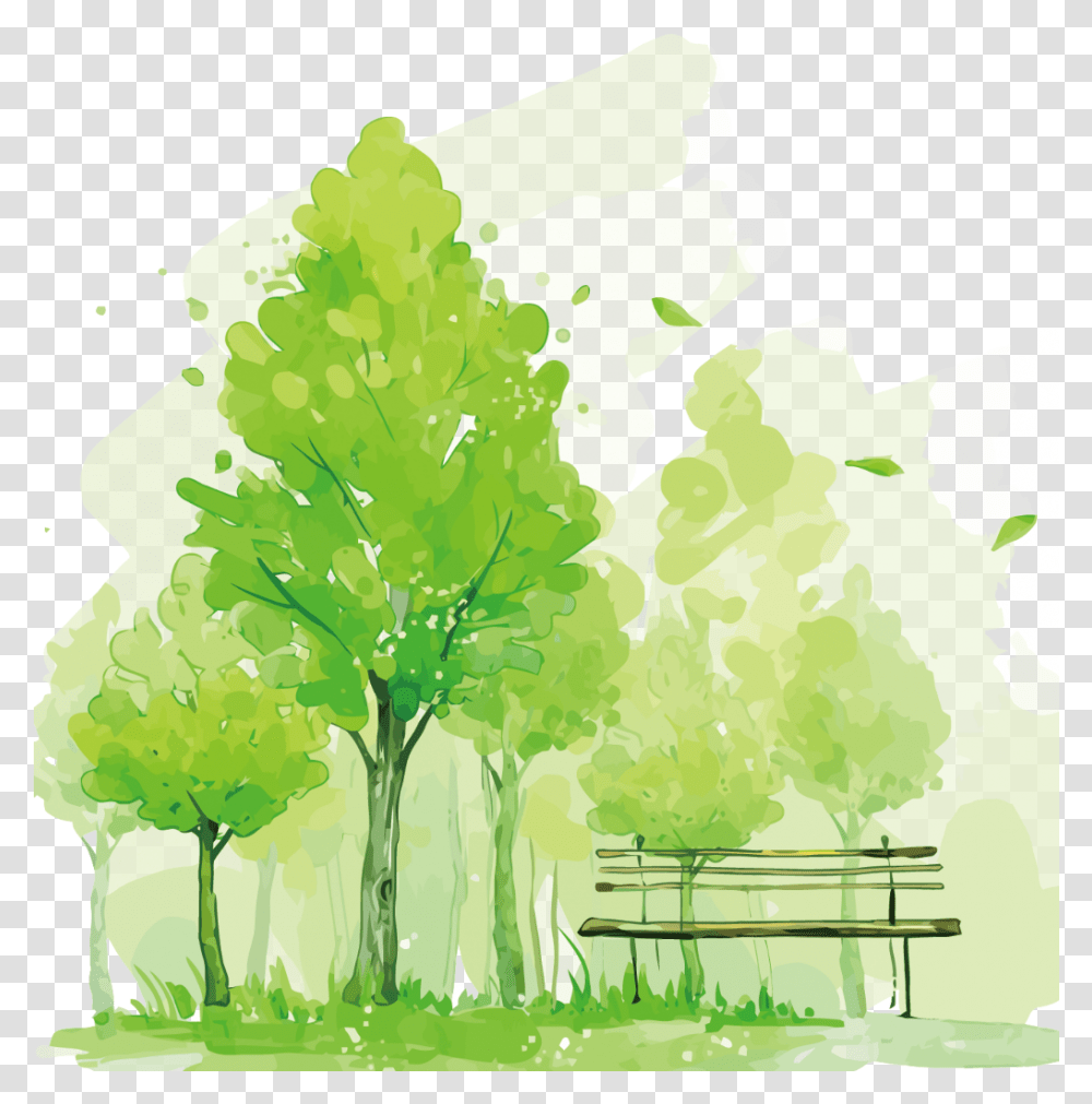 Ftestickers Watercolor Trees Park Bench Tree Watercolor, Plant, Graphics, Art, Green Transparent Png