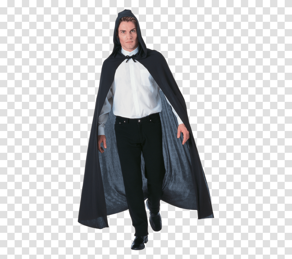 Full Length Black Hooded Costume Cape Cape And Cloaks, Apparel, Fashion, Person Transparent Png