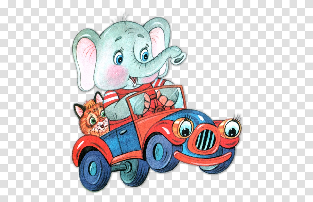 Funny Circus Elephant In Red And Blue Car Elephant Clipart Cartoon Elephant In A Car, Toy, Drawing, Doodle, Vehicle Transparent Png