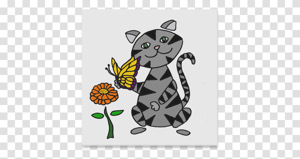 Funny Gray Tabby Cat With Butterfly Canvas Print 16 Cartoon, Mammal, Animal, Pet, Pattern Transparent Png