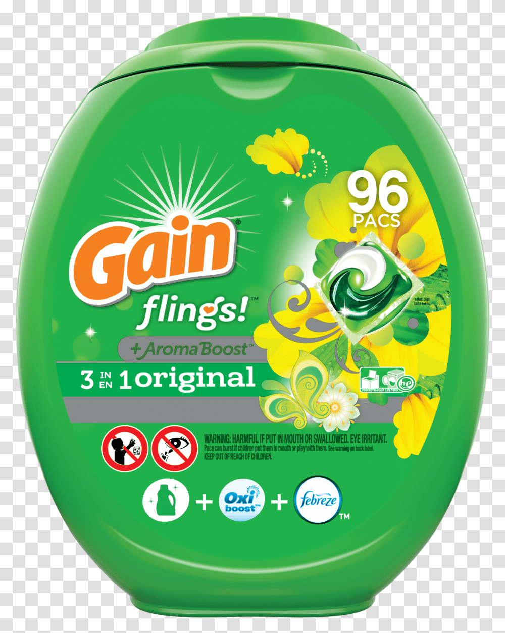 Gain Flings Laundry Detergent Pacs, Label, Shampoo, Bottle Transparent Png
