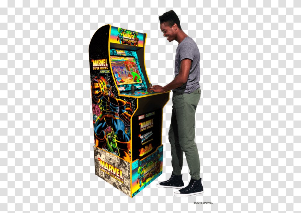 Games Cabinets Head To The Uk Image Marvel Super Heroes Arcade, Person, Arcade Game Machine, Pants Transparent Png