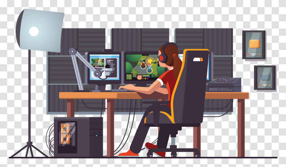 Gaming Setup Illustration, Person, Furniture, Monitor, Screen Transparent Png