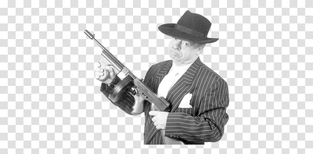 Gangster Hold A Tommy Gun, Person, Hat, Clothing, Weapon Transparent Png