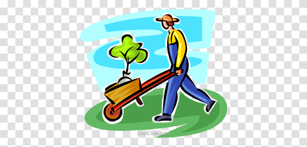 Gardener With A Plant In A Wheelbarrow Royalty Free Vector Clip, Vehicle, Transportation, Toy, Lawn Mower Transparent Png