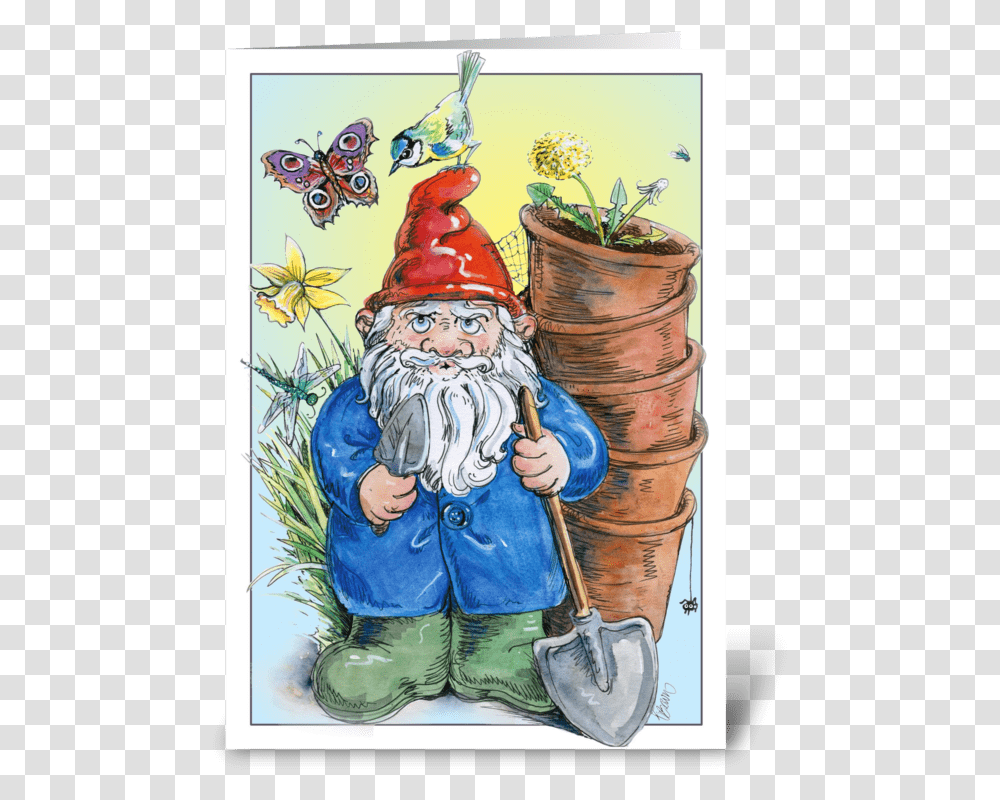 Gardening Gnome Greeting Card Illustration, Person, Painting, Bird Transparent Png