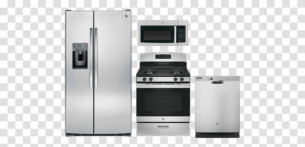 Ge Stainless Steel Gas Appliance Package, Refrigerator, Oven, Cooktop, Indoors Transparent Png