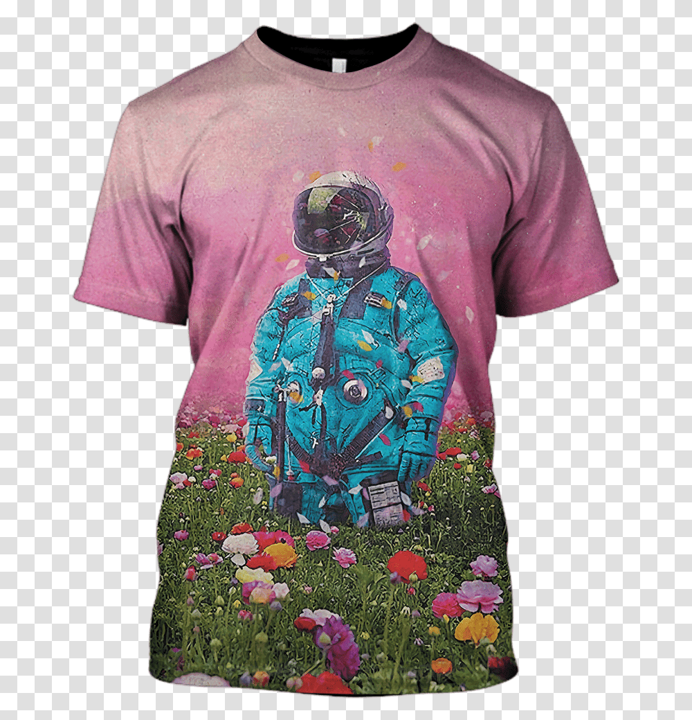 Gearhuman 3d Astronaut In Flower Field Custom T Shirt Flower Field Art, Apparel, Helmet, T-Shirt Transparent Png