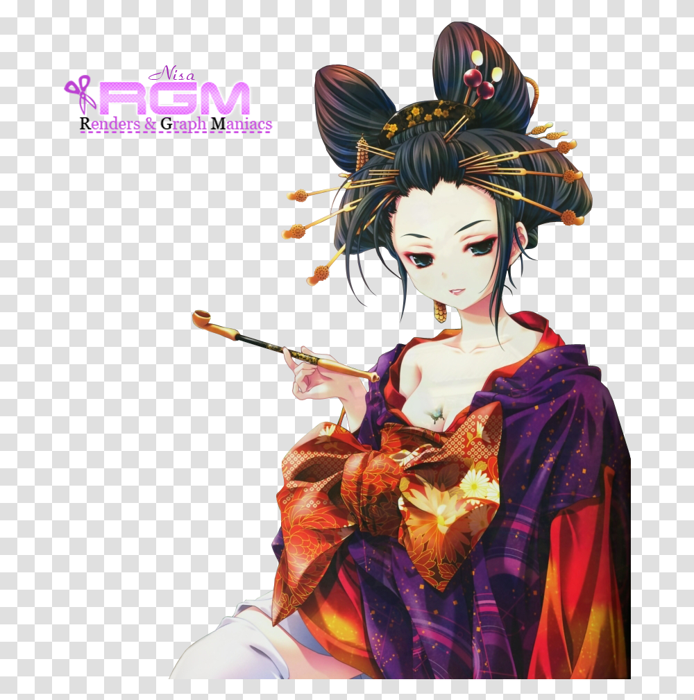 Geisha Fille Maquillage Kimono Barettes Chignon Render Kimono Geisha Anime, Apparel, Robe, Fashion Transparent Png