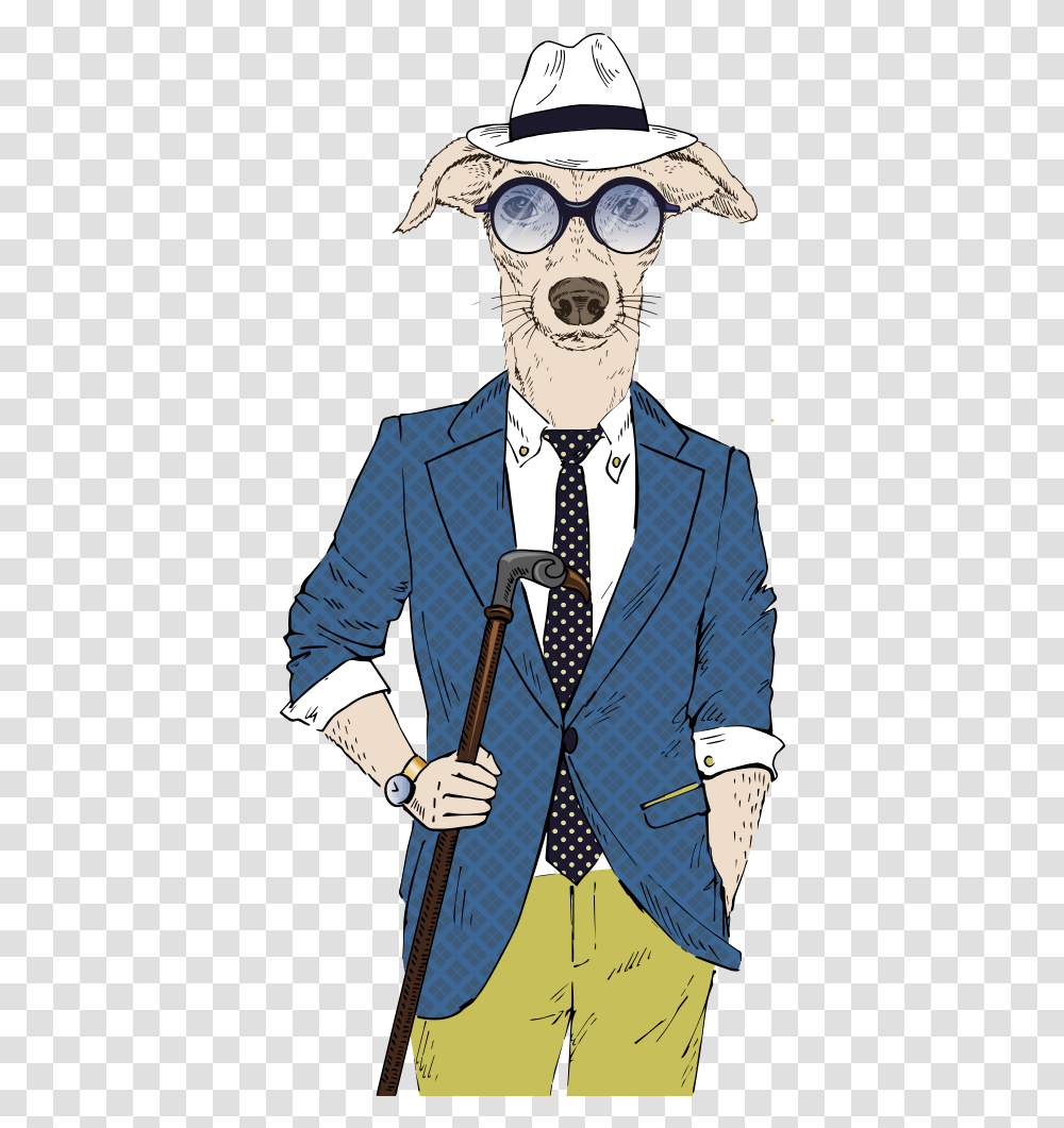 Gentleman Dog Illustration Hipster Suit Puppy Clipart Corte Masculino, Tie, Accessories, Person, Hat Transparent Png