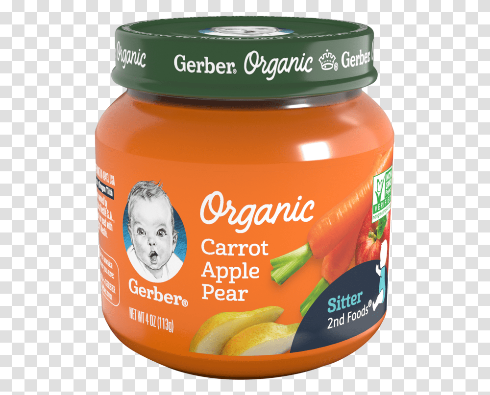Gerber 2nd Foods Organic Carrot Apple Pear Gerber Organic Baby Food, Person, Human, Plant, Jar Transparent Png