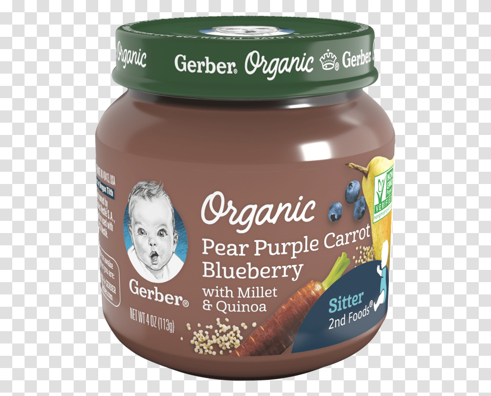 Gerber 2nd Foods Organic Pear Purple Carrot Blueberry Gerber Organic Baby Food, Plant, Person, Jar, Peanut Butter Transparent Png