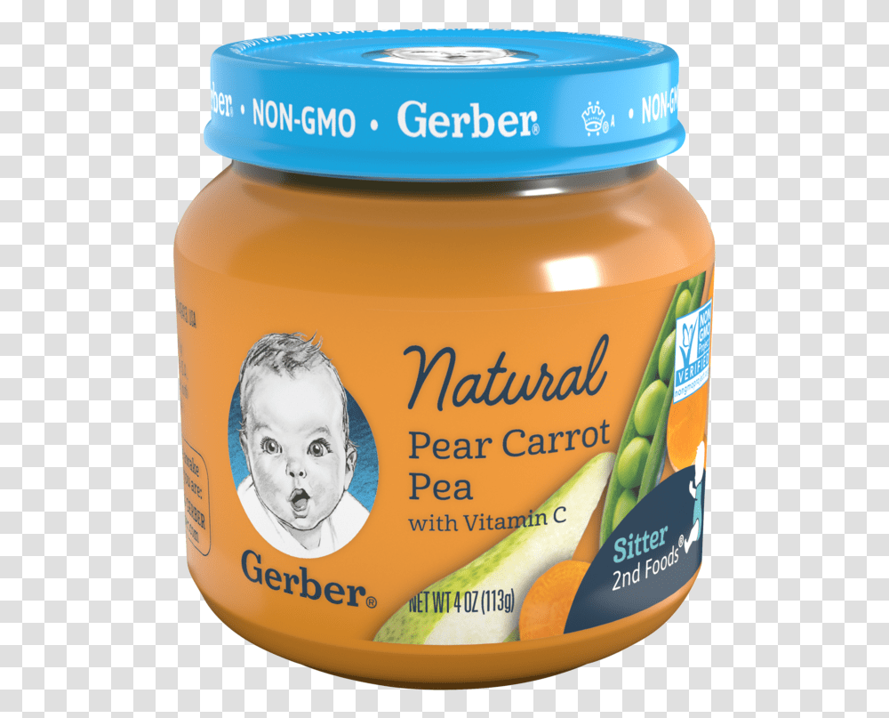 Gerber Natural 2nd Foods Pear Carrot Pea Jar Gerber Baby Food, Person, Human, Honey, Plant Transparent Png