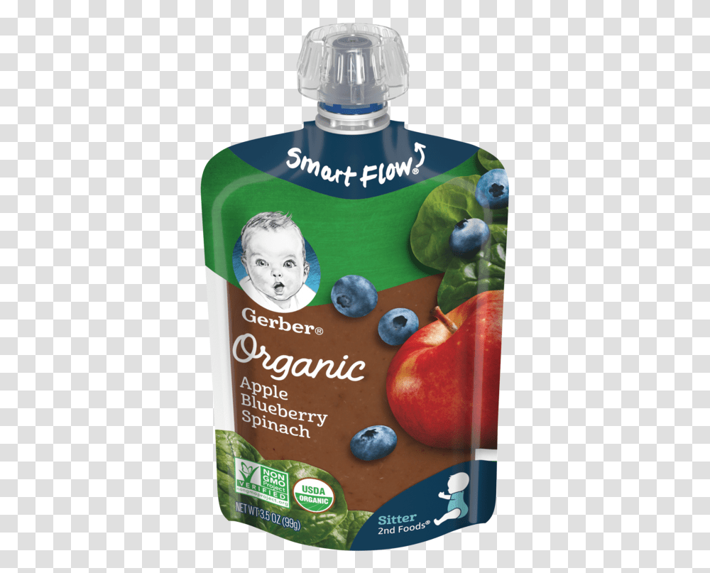 Gerber Organic 2nd Foods Apple Blueberry Spinach Gerber Organic Pouch, Plant, Fruit, Person, Human Transparent Png