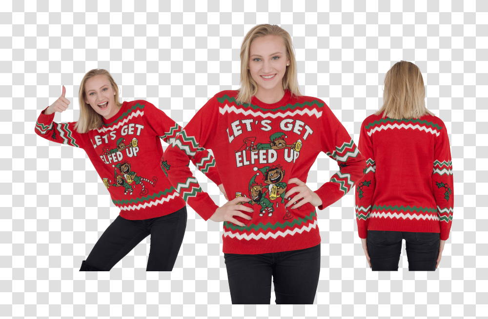 Get Elfed Up Drunken Elves Adult Red Ugly Christmas Sweater Drunken Elves, Clothing, Sleeve, Person, Long Sleeve Transparent Png