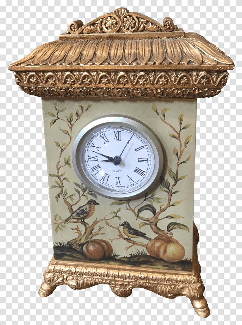 Gilt Carved Hand Painted Birds And Vines Vintage Clock Quartz Clock Transparent Png
