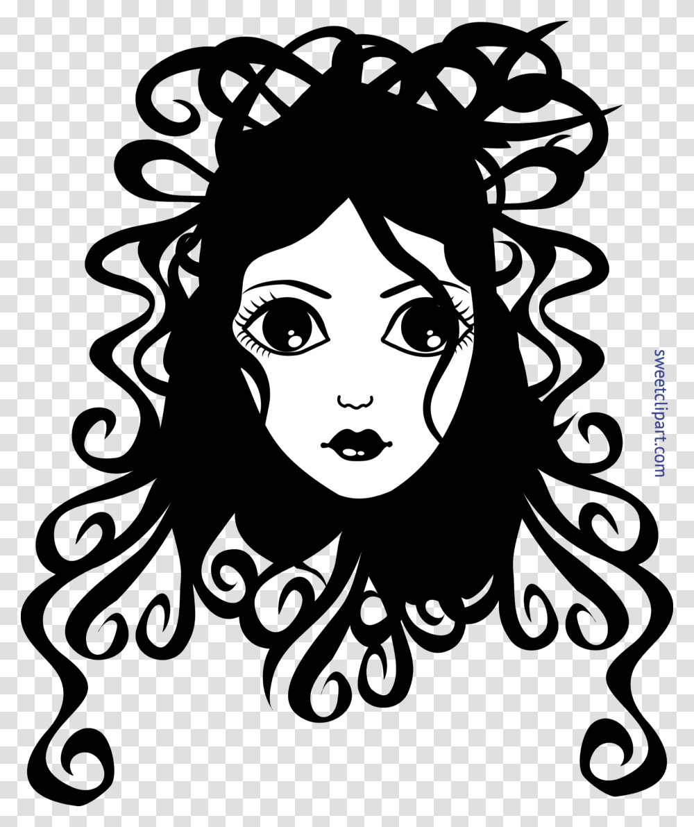 Girl Black White Clip Curly Hair Girl Clipart Black And White, Face, Stencil, Cat, Pet Transparent Png