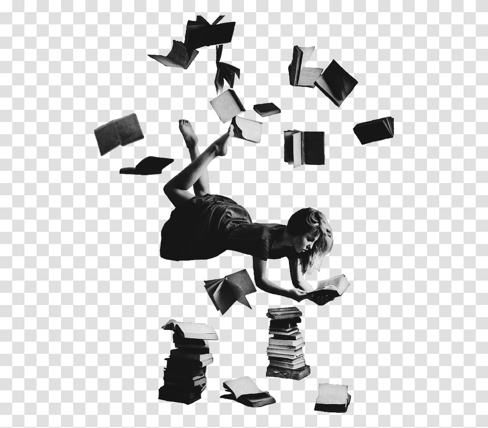 Girl Book Books Flying Falling Grey Surreal Levitation, Person, Acrobatic, Leisure Activities, Photography Transparent Png