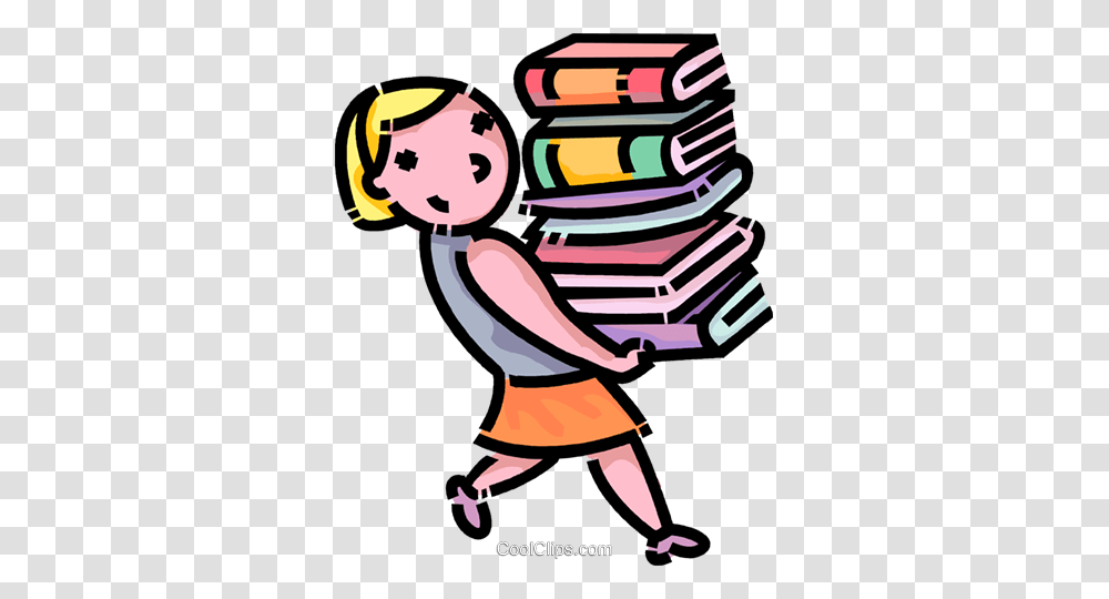 Girl Carrying A Stack Of Books Royalty Free Vector Clip Art, Person, Performer, Label, Leisure Activities Transparent Png