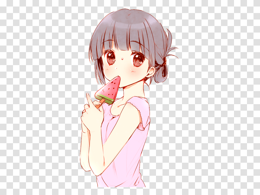 Girl Cute Kawaii Watermelon Popsicle Cute Anime Girl Eating, Cream, Dessert, Food, Creme Transparent Png