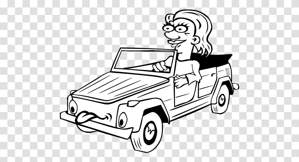 Girl Driving Car Cartoon Outline Icons Drive Black And White Clip Art, Vehicle, Transportation, Automobile, Jeep Transparent Png