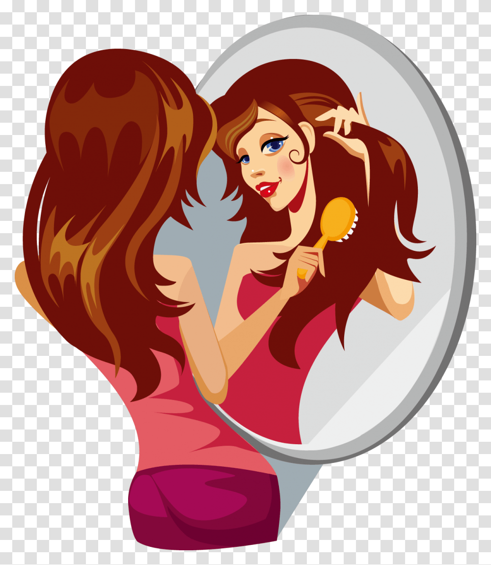 Girl Fixing Her Hair Clipart Cartoon Woman Brushing Hair, Face, Poster, Advertisement, Magnifying Transparent Png