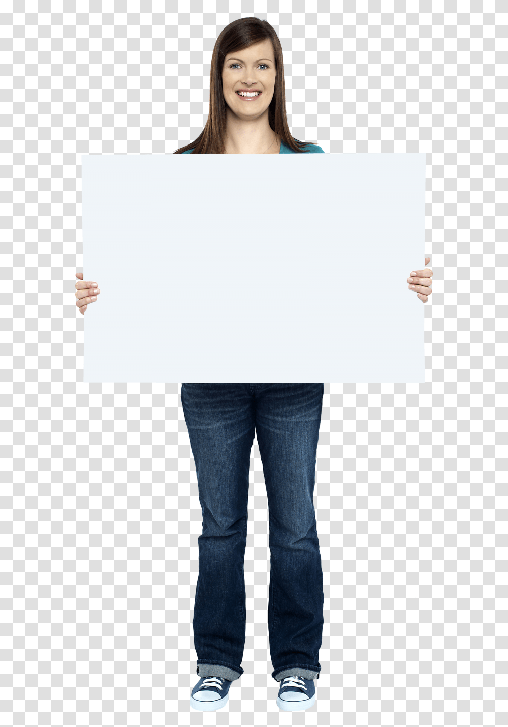 Girl Holding Banner Image Girl, Person, Pants, White Board Transparent Png