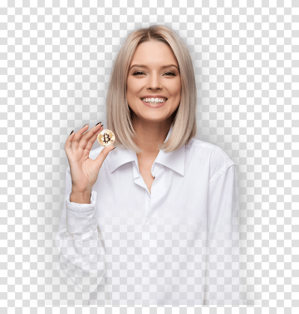 Girl Holding Bitcoin, Face, Person, Sleeve Transparent Png