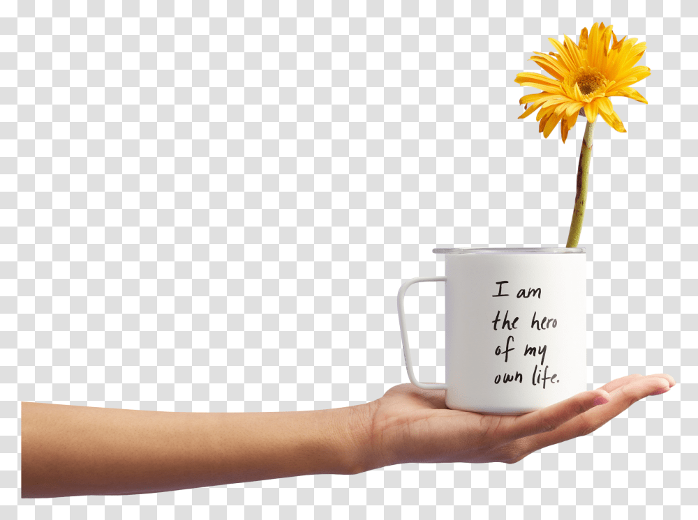 Girl Holding Mug With Flower Hand Background, Plant, Cup, Person, Coffee Cup Transparent Png