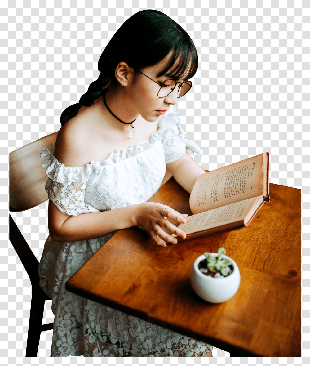 Girl In White Dress Reading Book On A Table And Chair Girls Reading Book Pnfg Transparent Png