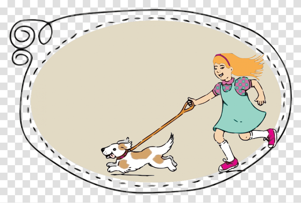 Girl Label Frame Child Childhood Dog Running Walking Dog Clip Art, Boat, Vehicle, Transportation, Person Transparent Png