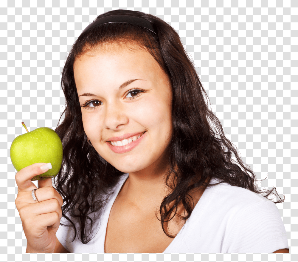 Girl Laying Down Apple In Hand Healthy Person Woman In White Shirt Holding Green Apple Transparent Png