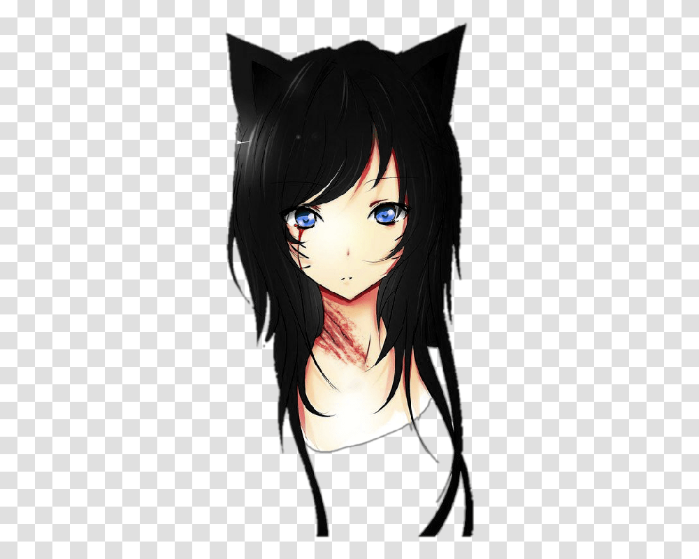 Girl Neko Cat Anime Sad Blood Bloody Black Anime Girl With Cat Ears, Manga, Comics, Book, Person Transparent Png