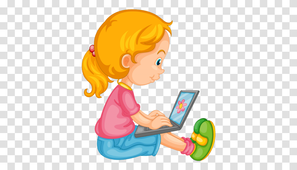 Girl Playing Computer Cartoon, Person, Human, Female, Kneeling Transparent Png