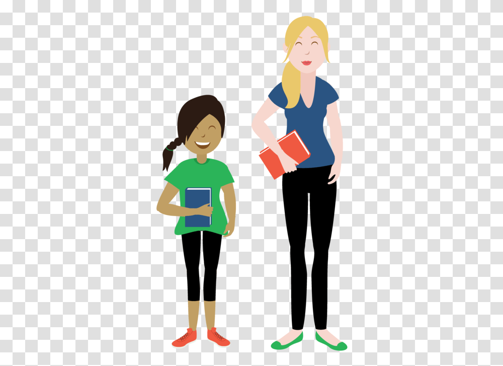 Girl Reading A Book With Mom Standing Behind Her Clipart Cartoon, Student, Person, Female, Dress Transparent Png
