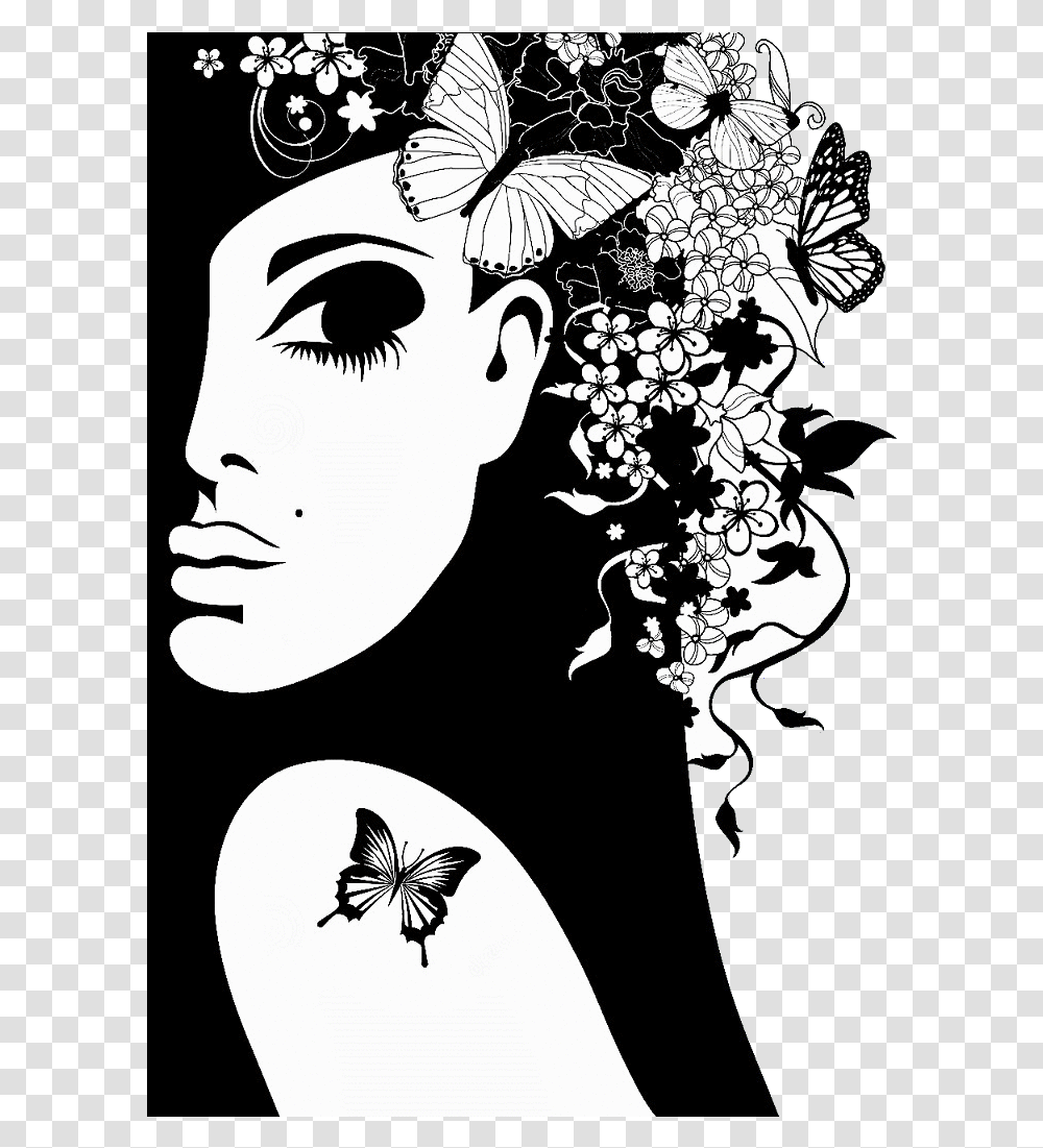 Girl Silhouette Silhouette Vector Butterfly Art Girl With Flowers And Butterflies, Floral Design, Pattern, Bird Transparent Png