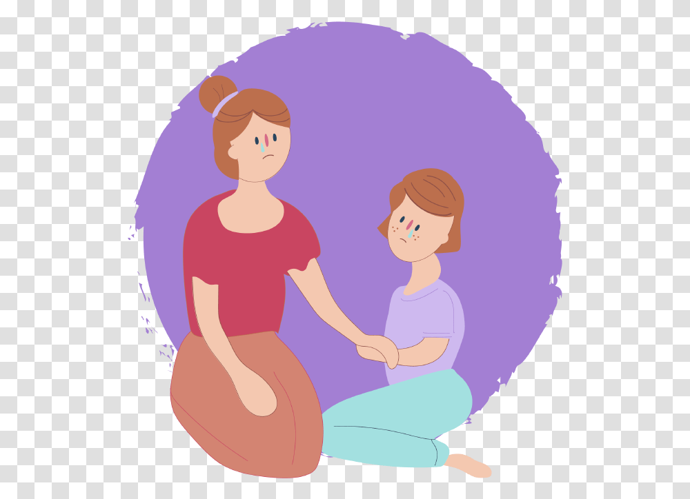 Girl Sitting Down Looking Sad With Mum Who Is Also Illustration, Person, Human, Female, Kneeling Transparent Png
