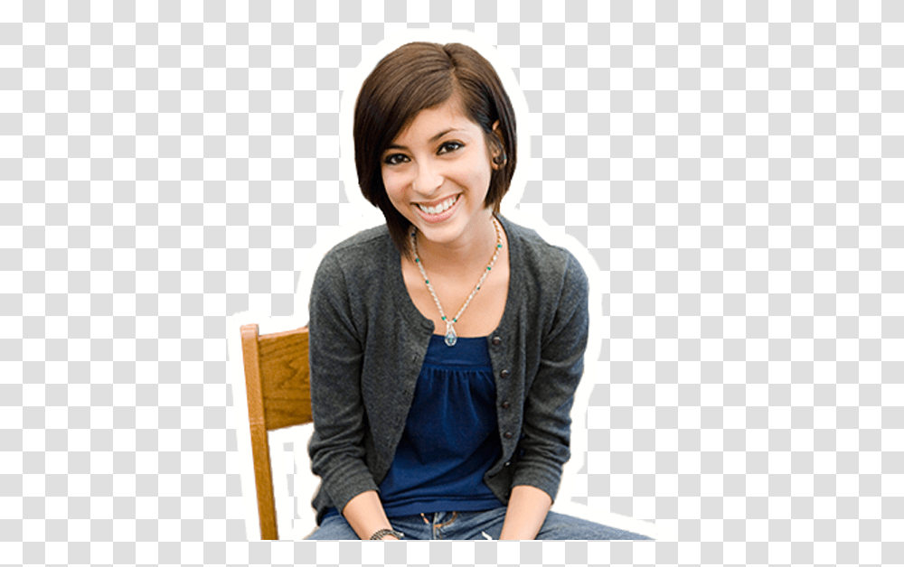 Girl Sitting In Chair And Smiling Sitting On Chair Girls, Necklace, Person, Sleeve Transparent Png