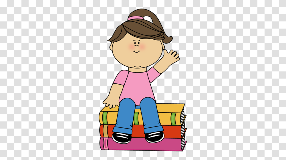 Girl Sitting On Books And Waving Clip Art Free Bulletin Boards, Toy, Doll, Lifejacket, Vest Transparent Png