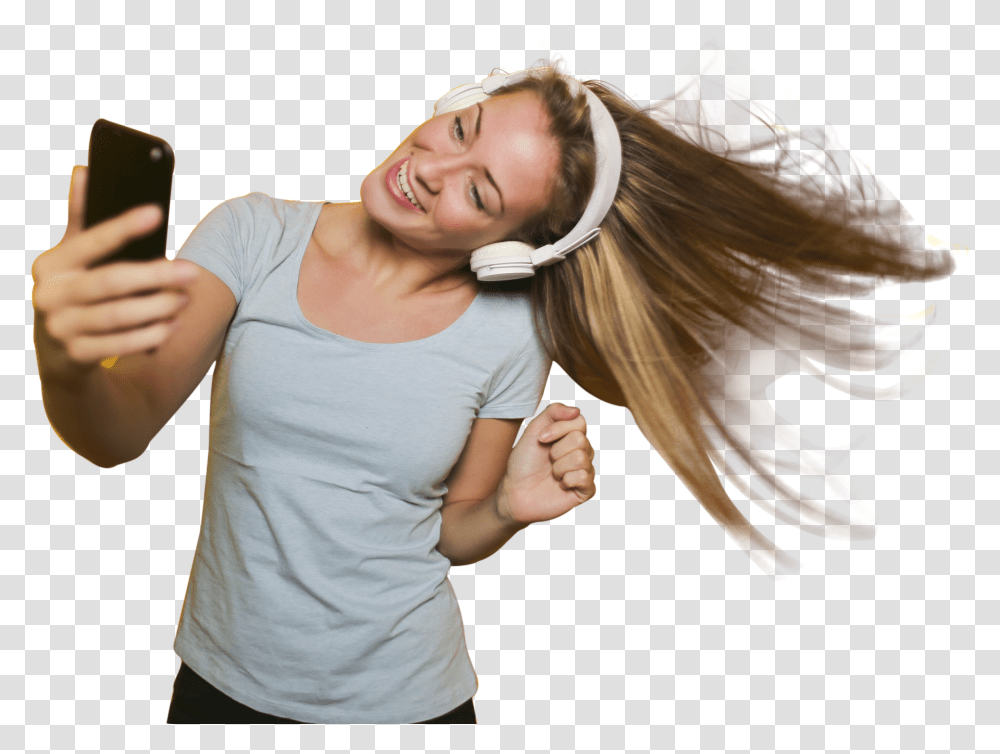 Girl Taking Selfie With Listening Music Image Girl Taking Selfie, Person, Phone, Electronics, Mobile Phone Transparent Png