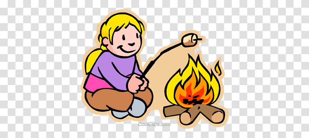 Girl Toasting Marshmallow Over Fire Royalty Free Vector Clip Art, Flame, Female, Outdoors, Kneeling Transparent Png