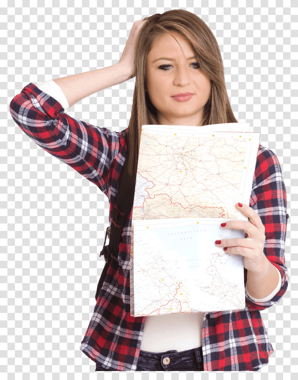 Girl With Map Plaid, Sleeve, Female, Person Transparent Png