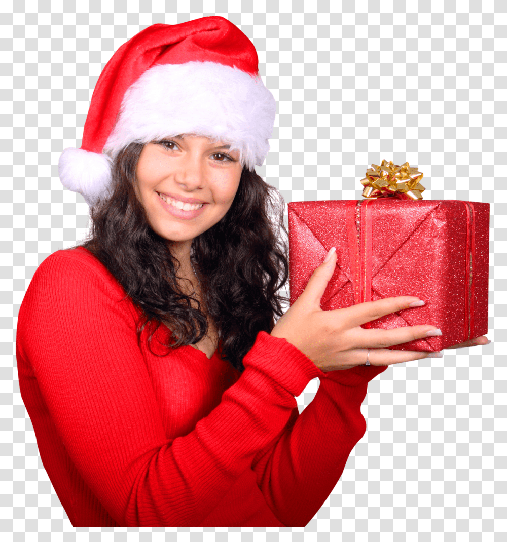 Girl With Red Santa Claus Hat Holding Gift Box Girl Holding Gift Transparent Png