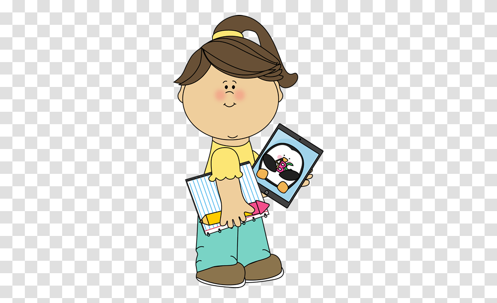 Girl With School Supplies And A Tablet From Mycutegraphics, Reading, Baseball Cap, Hat Transparent Png