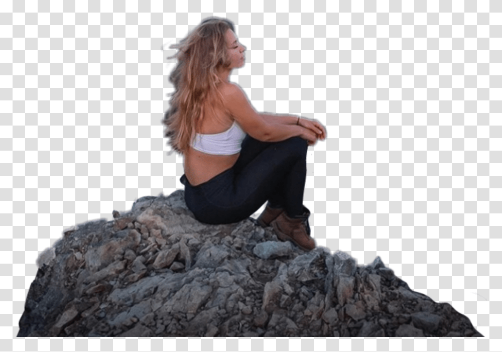 Girl Women Woman Beautiful Sitting Mountain Cliff, Person, Rock, Female Transparent Png