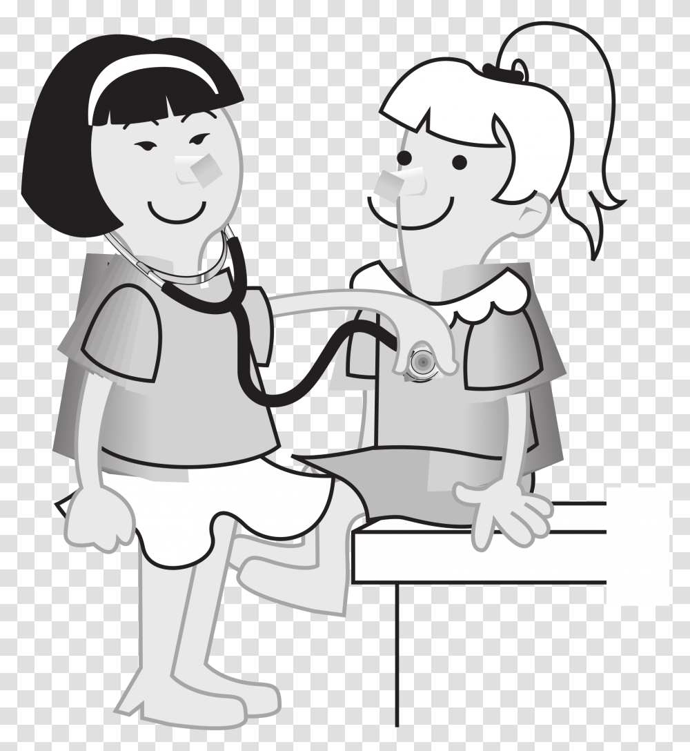 Girls Measuring Girls Heart Rate Clip Arts Doctor Playing Black And White Clipart, Stencil, Toilet, Bathroom, Indoors Transparent Png