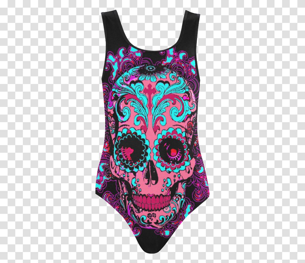 Girly Sugar Skull Vest One Piece Swimsuit Maillot, Apparel, Pattern, Floral Design Transparent Png