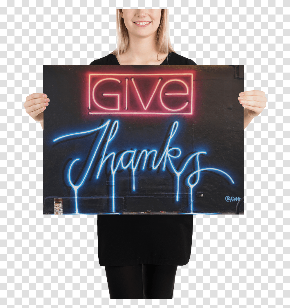 Give Thanks Poster Adam Fujita Nyc, Person, Human, Light, Neon Transparent Png