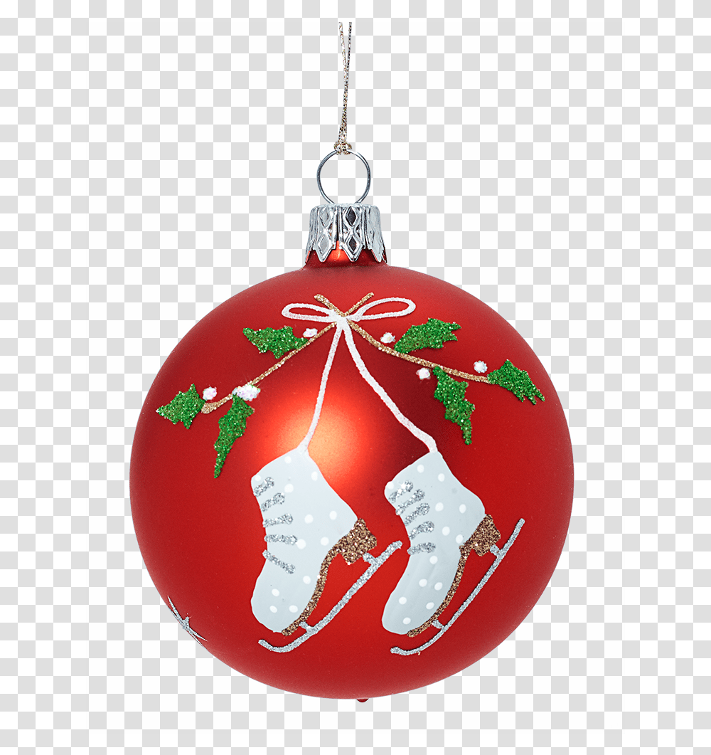 Glass Bauble Red With Ice Skates And Mistletoe 7cm Ice Skates Bauble, Ornament, Pendant Transparent Png