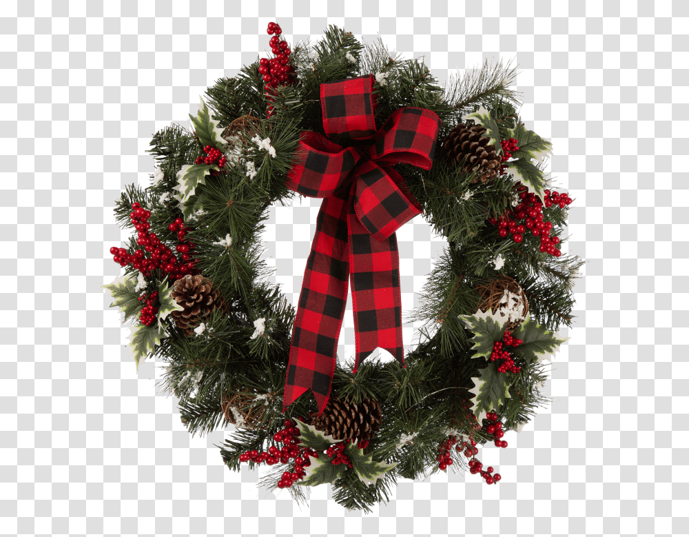 Glitzhome 24 Led Pre Lit Greenery Buffalo Bow Berry Holly Pre Lit Red Check Christmas Wreath, Christmas Tree, Ornament, Plant Transparent Png